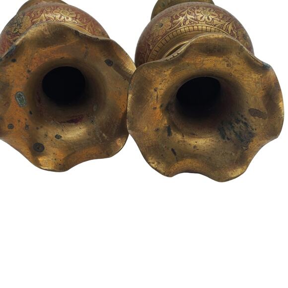 Solid Brass Etched Vase Enamel Red Black Floral Vintage MCM Ruffled Rustic Decor - Picture 9 of 11